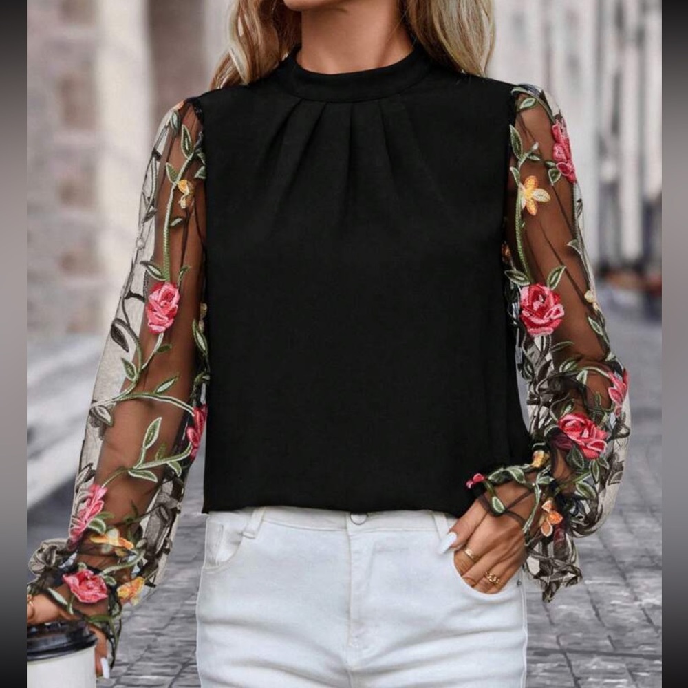 Boho floral mesh sleeve blouse